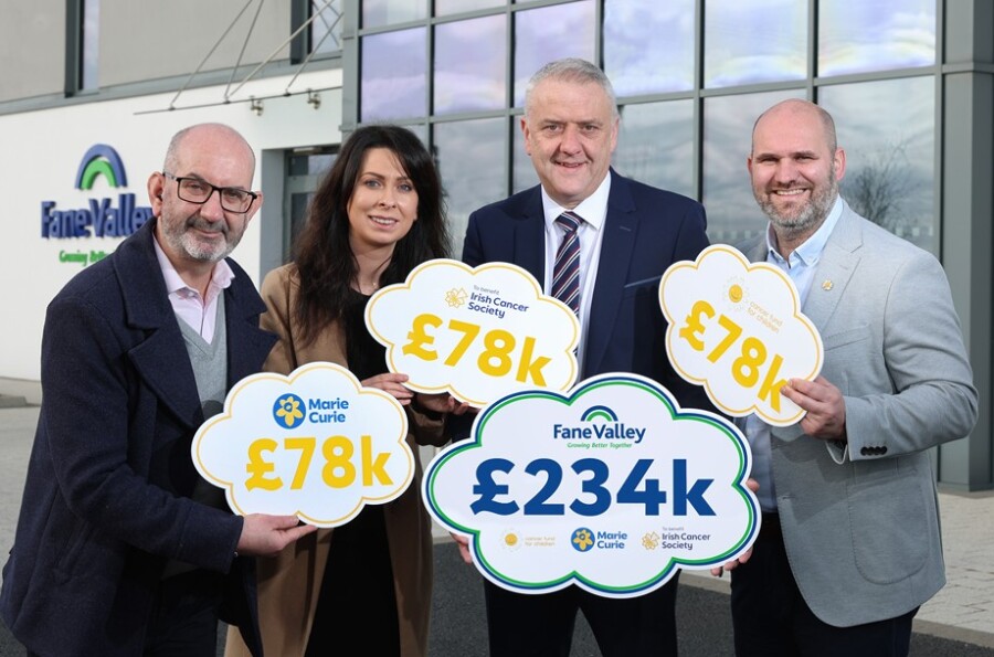 Pictured at the cheque presentations are from left Conor O’Kane, Senior Partnerships Manager - Marie Curie, Alison Reynolds, Corporate Partnerships Officer – Irish Cancer Society, Trevor Lockhart MBE, Fane Valley Group Chief Executive and Phil Alexander, Chief Executive Officer - Cancer Fund for Children.
