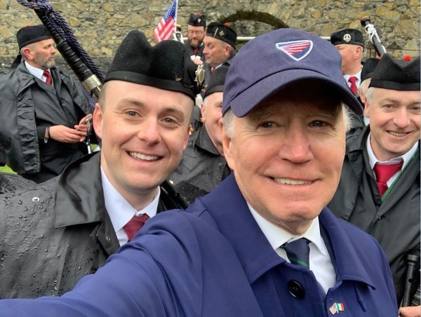 Firefighter Niall Clarke with President Biden in Carlingford.