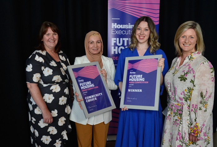 Competition winner, Shannon Burnside and community choice winner Ayat al Wazzan with Housing Executive Chair, Nicole Lappin (left) and Chief Executive, Grainia Long at the award ceremony in The Mac