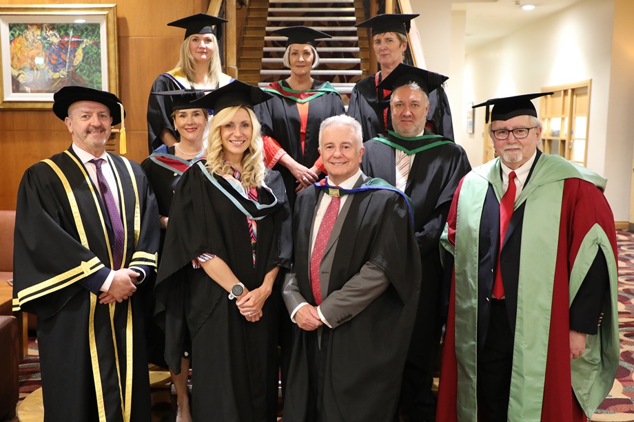 Senior officials and special guests pictured at SRC’s graduation ceremony. Included back from left: Lee Campbell, Director of Finance & Planning; Libby Shackels, Director of Curriculum; Ann-Marie Hughes, Director of Client Services. Middle: Moira Doherty, Deputy Director Skills & Education, Department for the Economy; Kevin McEnoy, BT Group. Front: Raymond Sloan, CEO; Deborah Loughran, King Communications & Guest Speaker; Aidan Browne, Master of Ceremonies; Dr Thomas Moore, Chair of the Governing Body.
