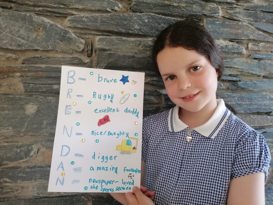  Pictured here is Hannah O’Hare (8 years old) who dedicated this beautiful cross stick poem (which she completed during one of the monthly Hospice Bereavement Family nights) to her daddy Brendan who sadly passed away in Hospice in January 2020.
