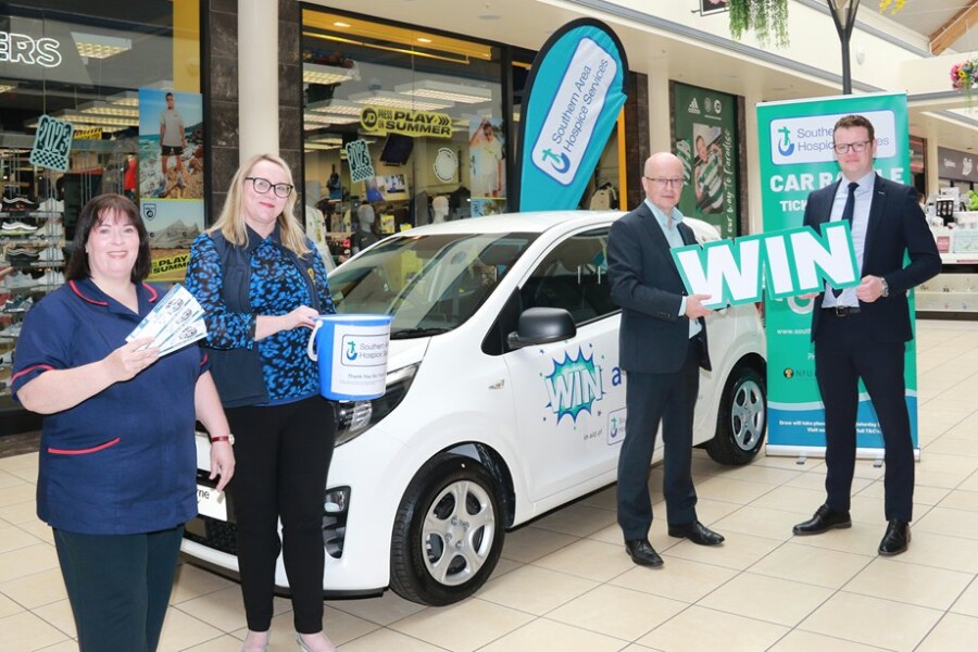 Launching the 2023 Southern Area Hospice Services ‘Win a Kia Picanto’ Car Raffle in Buttercrane Shopping Centre are, Ruth Atkins, NFU Mutual; Orlagh Loftus, Clinical Sister SAHS; Peter Murray, Buttercrane Shopping Centre; Dwyane Harbinson Shelbourne Motors. 