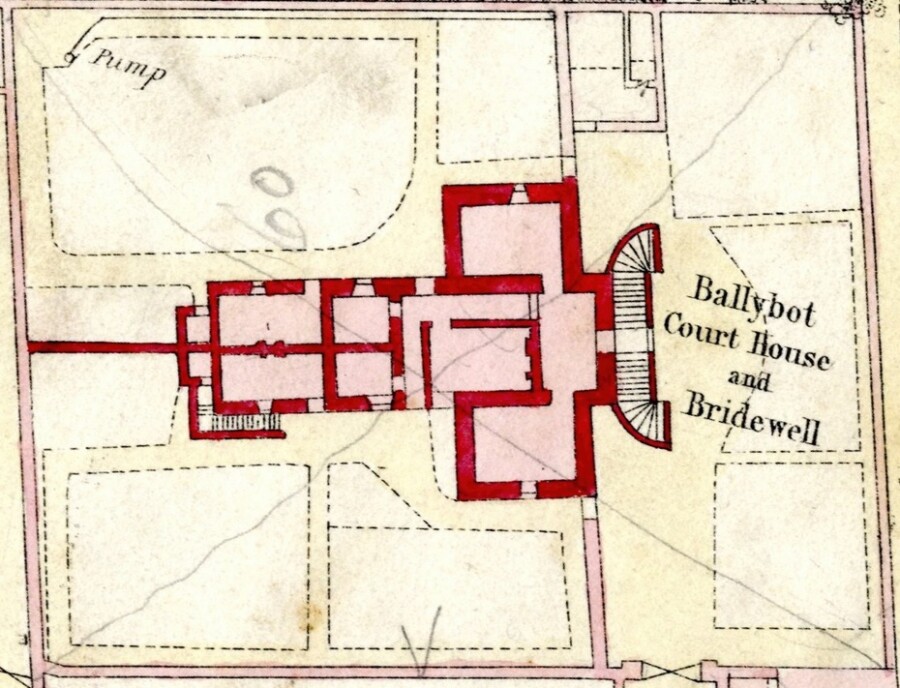 Layout of Ballybot Bridewell and Courthouse on Kiln Street, from an 1861 Ordnance Survey map of Newry.  Newry & Mourne Museum Collection