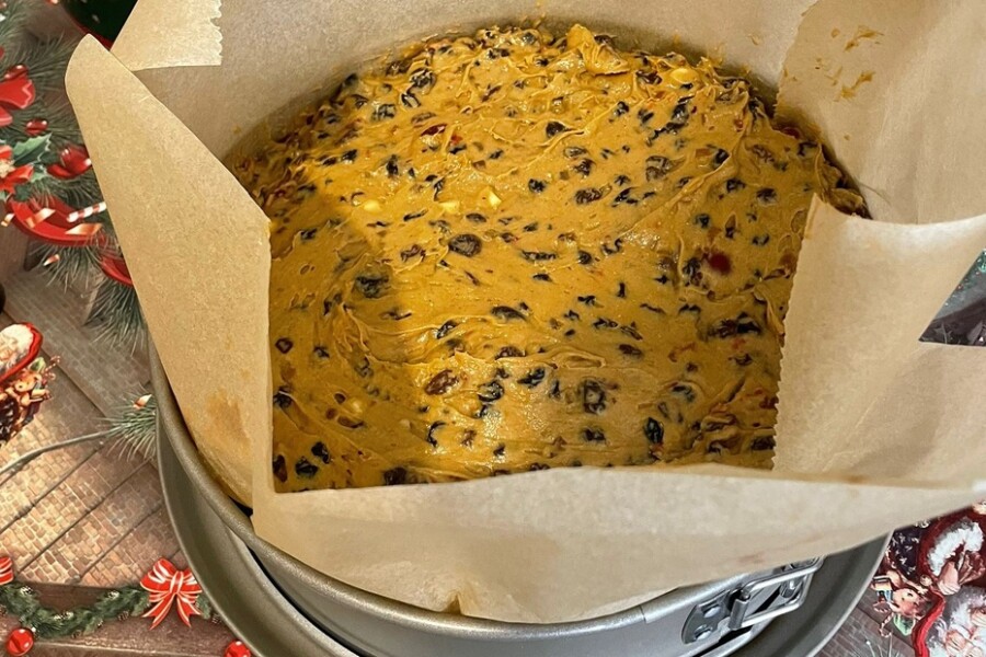 A Christmas cake, ready for the oven, made by a member of staff who followed the recipe from McCann’s Bakery from the 1960s for home-made Christmas fayre. The recipe calls for skewering the cake with a knitting needle and stirring the sherry sauce over the fire. Courtesy of Noelle Frew
