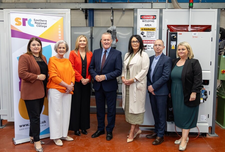 Pictured during Economy Minister, Conor Murphy’s visit to the SRC Greenbank campus. Included from left are: Sylvia Moorhead Business Skills Manager, Libby Shackels Director of Curriculum, Lee Campbell Interim Principal and Chief Executive, Economy Minister Conor Murphy, Fiona Bradley Assistant Director of External Engagement and Partnership (ADEEP), Gary Mackin Head of Faculty for Building Technology and Engineering and Brenda Kelleghan Innovation and Technology Manager.