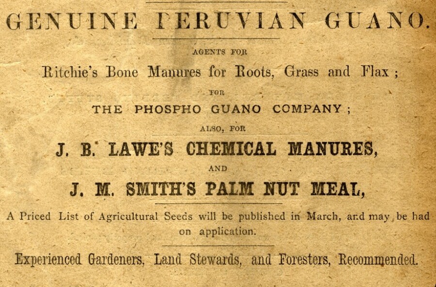 Advertisement for Peruvian Guano in a seed catalogue from McBlain and Company, Hill Street, Newry Newry and Mourne Museum Collection