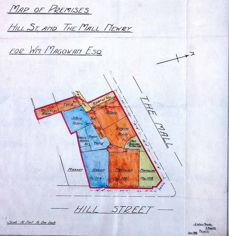 Map prepared by Gerald Wilson Reside in 1935 of commercial premises on the corner of Hill Street and The Mall in Newry. Reside Collection, Newry and Mourne Museum