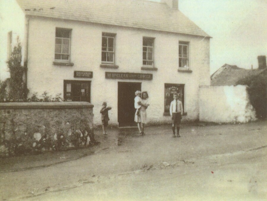 Photograph of the McClean family outside Donaghmore shop and post office at the Fourmile c.1930s. Courtesy of the McClean family