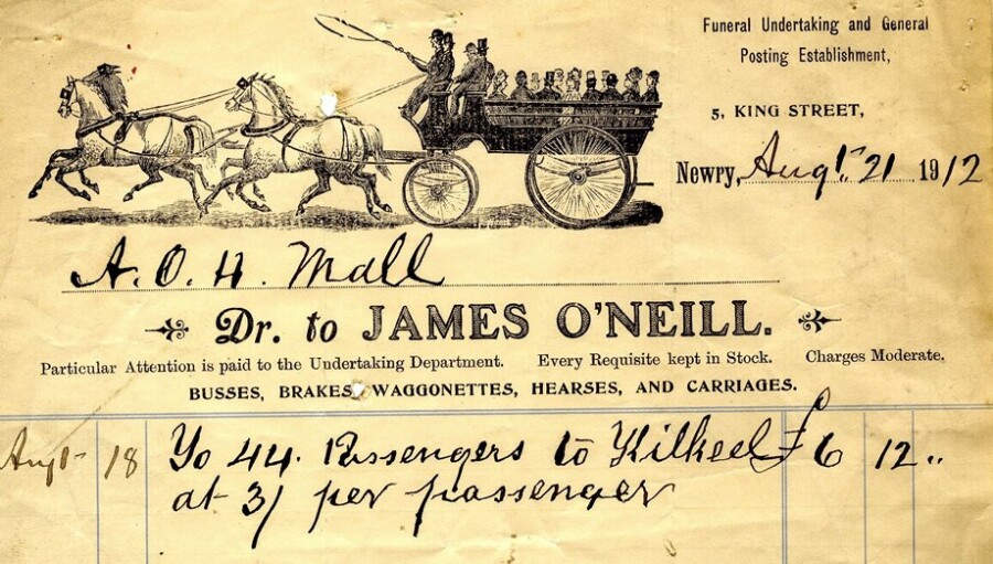Receipt from James O’Neill, a local company which hired out horse-drawn vehicles. Newry and Mourne Museum Collection
