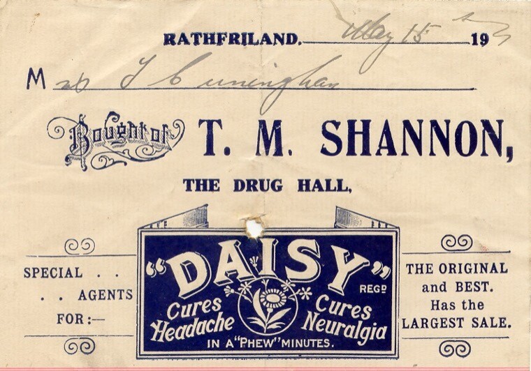 A section of a receipt from T M Shannon, a chemist in Rathfriland, dating from the 1900s. Newry and Mourne Museum Collection