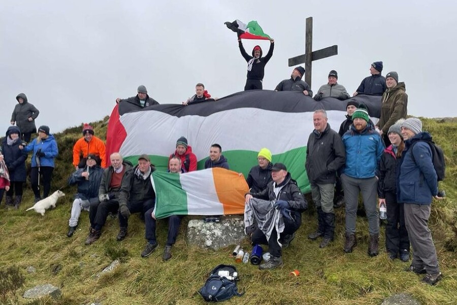 Walkers on the ‘solidarity with Palestine climb’ on top of Camlough mountain.
