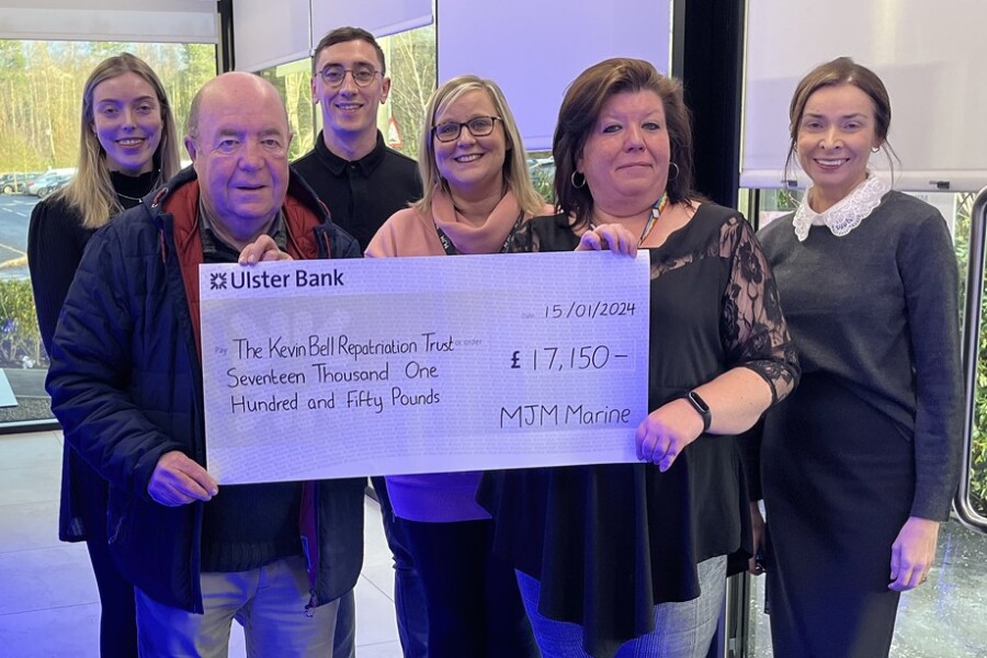 Pictured with the cheque for KBRT are from left: Amber Wilson, Marketing Assistant; Colin Bell, The Kevin Bell Repatriation Trust; Derek Maguire, Business Systems Analyst; Quintina Little, SHEQ Manager; Justyna  Zajaczkowska, Project Document Control Manager and Elizabeth O'Connor, HR & Legal Director.