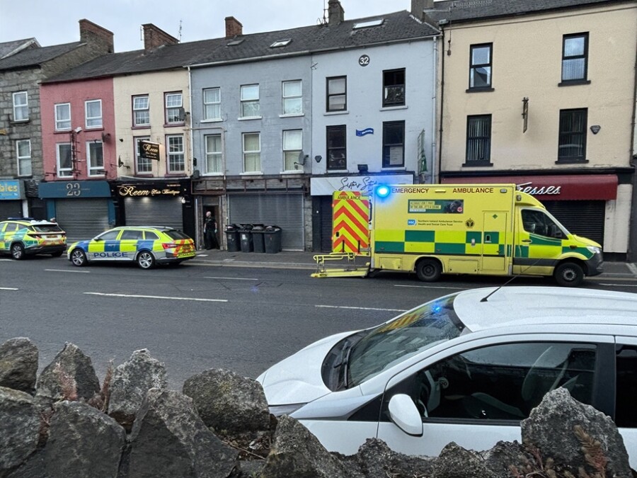 The scene at Upper Water Street in Newry last evening. Photograph: Mark Pearce