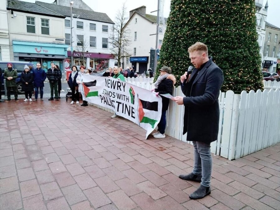 Cllr Cathal King at a Palestine rally in December.
