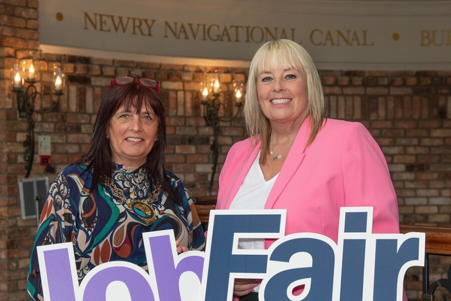 Newry, Mourne and Down District Council Chairperson, Councillor Valarie Harte and Alison Lowry, Head of Employer Services, Department for Communities are pictured at the launch of Newry, Mourne and Down Labour Market Partnership Job fair which will take place in the Canal Court Hotel, Newry on Friday 24 May from 10.30am – 3pm 