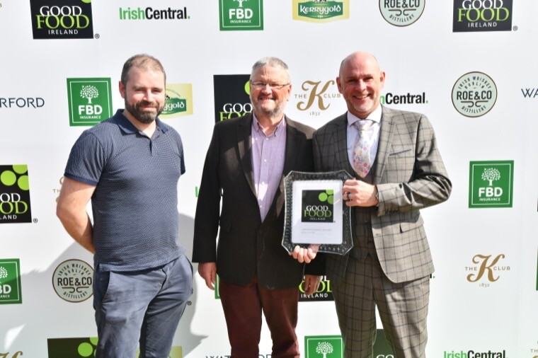 Darragh Dooley and Jason Foody, Killeavy Castle with their Culinary Haven of the Year 2023 special award and award sponsor Tom Walsh of Waterford Crystal.