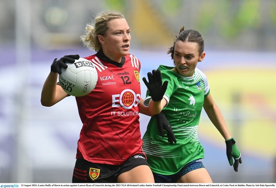 Laoise Duffy of Down in action against Lauren Ryan of Limerick during the 2023 TG4 All-Ireland Ladies Junior Football Championship Final match between Down and Limerick at Croke Park in Dublin. Photo by Seb Daly/Sportsfile