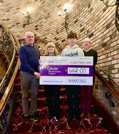Pictured holding the cheque are from left: Paul McElroy; Pattie McElroy; Ryan McElroy and Aidan Smyth (Cruse Bereavement Volunteer)