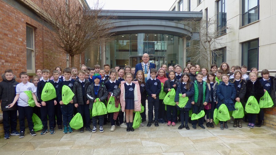 Pupils from from St Moninna’s Primary School pictured at the Council offices in Downpatrick.