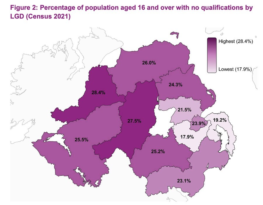 Percentage of population aged 16 and over with no qualifications by LGD (Census 2021)