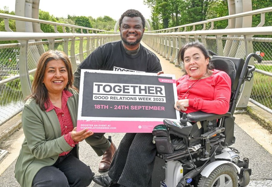 Good Relations Week 2023 is to embrace the theme of ‘together’ as it encourages local groups and businesses to participate in this year’s Community Relations Council event. Running from 18th to 24th September 2023, the annual celebration will highlight the importance of local organisations working collaboratively and collectively to drive meaningful progress towards building a shared future for all.   Pictured (left to right) is Angila Chada, Executive Director at Springboard, Kanmi Abayomi, Founder of Ethnic Minority Sports Organisations Northern Ireland (EMSONI) and Joanne Sansome, long-time campaigner on behalf of those with disabilities.