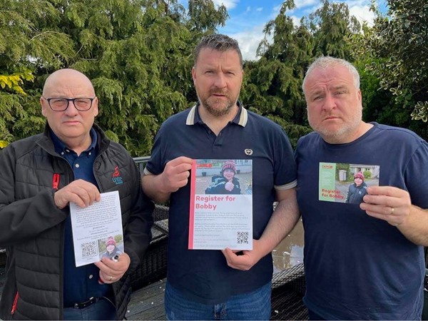 UNITE members are putting their resources behind the hunt for a bone marrow donor for Bobby Browne. Included from left: Albert Hewitt, Unite Community Regional Officer; Danny Browne and Martin McKeown, Newry UNITE Community Chairperson.