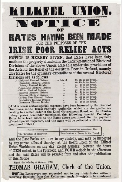 Poster advertising Poor Law rates for Kilkeel Union in 1878. Newry and Mourne Museum Collection