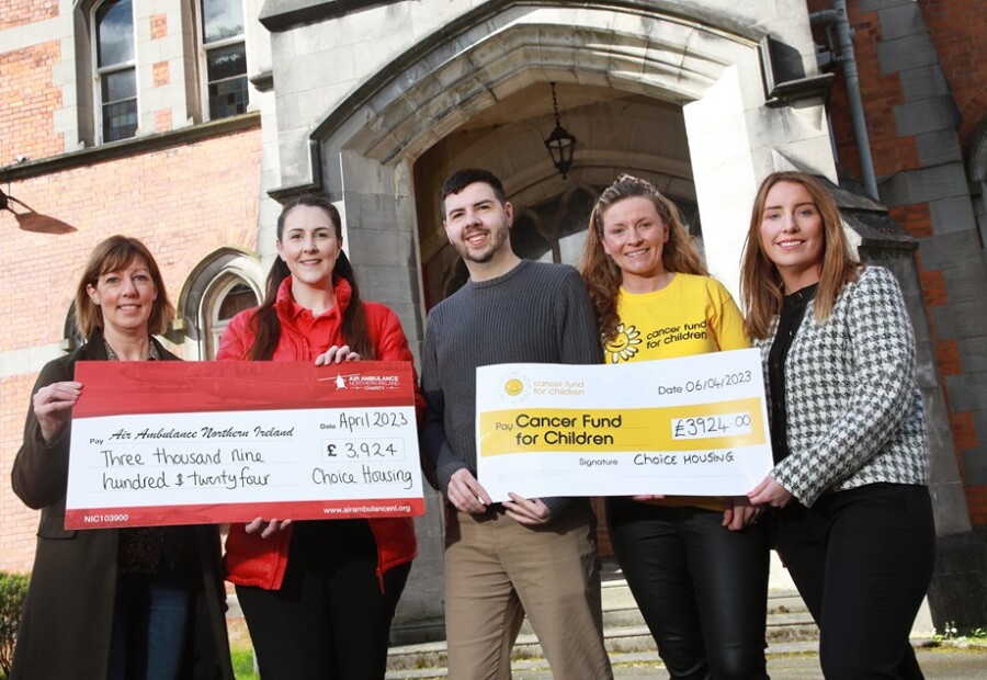 The Choice Housing Fundraising Committee marking the end of their partnership with their chosen charities, Air Ambulance and Cancer Fund for Children. Pictured from left: Marcia McMath (Choice Housing), Grace Williams (Air Ambulance), Graham Woods (Choice Housing), Jordana Stoney-Wilson (Cancer Fund for Children) and Ashleigh Lloyd (Choice Housing).