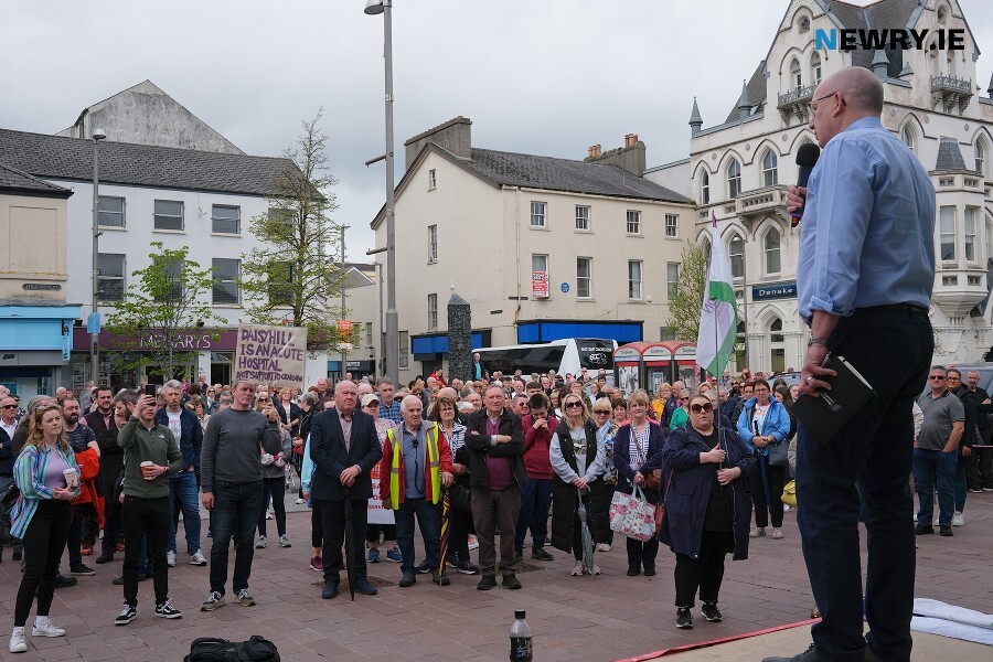 Cllr Michael Savage, Chairperson, Newry, Mourne and Down District Council speaking at the Daisy Hill rally. Photograph: Columba O'Hare/ Newry.ie 