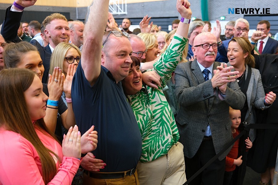 Valerie Harte celebrates along with some of the Sinn Féin team after topping the poll at Newry Sports Centre. Photograph: Columba O'Hare/ Newry.ie 