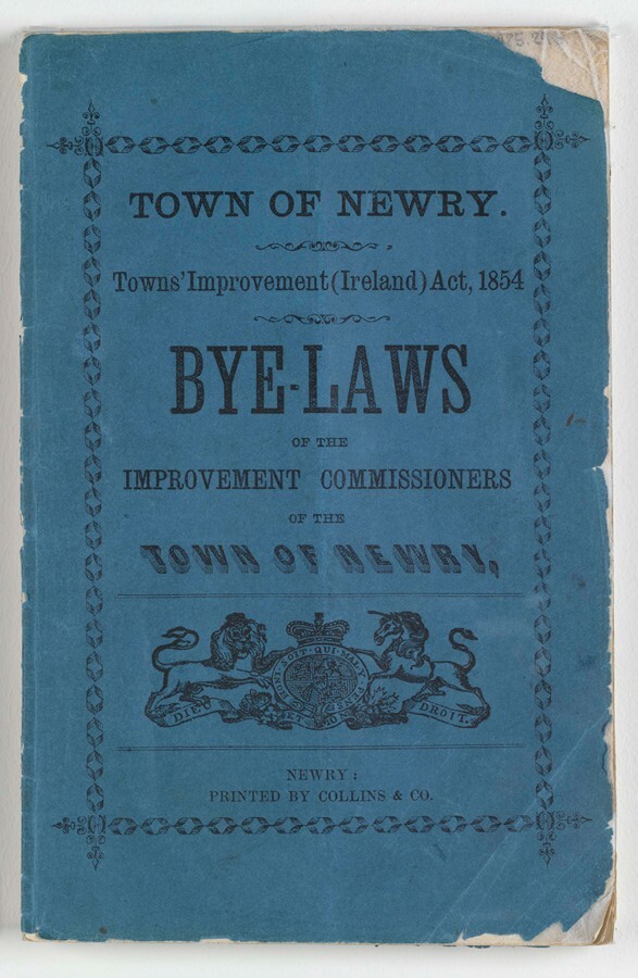The Board of Police Commissioners was replaced by the Town Commissioners in 1865 under the Towns’ (Ireland) Act of 1854.  The Town Commissioners had power to pass and enforce by-laws.  This particular set of by-laws relate to the keeping of lodging houses in Newry. Newry and Mourne Museum Collection