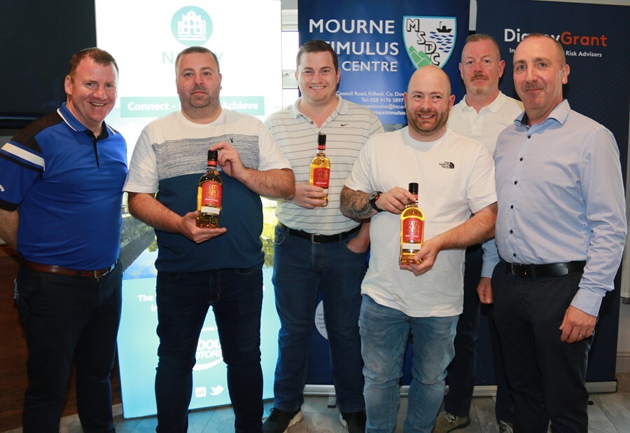 Winners of Newry Chamber of Commerce 2023 Golf Classic the Abbey Autoline Team l-r Tony McKeown CEO Newry Chamber, Chris Sullivan, John O'Connell, Martin Gill (missing Colin Finan) presented with their prizes by Sean Grant and Antony Boden Digney Grant Main Sponsors.