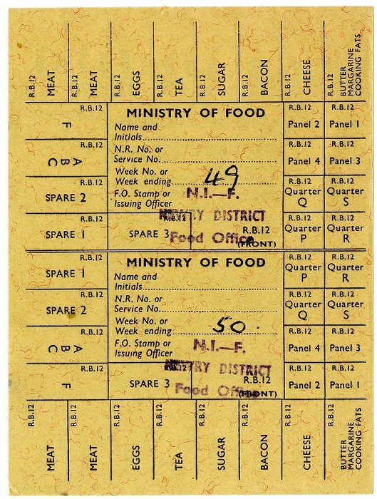 Unused ration coupons for Mourne Grange School, 1953 - 54. Sugar, eggs and butter were among foodstuffs still rationed after the Second World War. Newry and Mourne Museum Collection