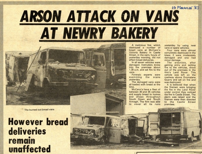 Newspaper article reporting on an arson attack at the Bakery in 1983. Newry and Mourne Museum Collection