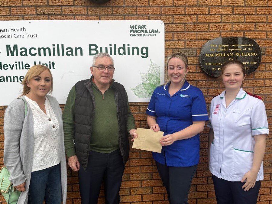  Pictured at the cheque donation are from left: Michael’s daughter Leeann, Michael Doran, Faye Lowry, Acting Clinical Sister, Julia Foster, Student Nurse