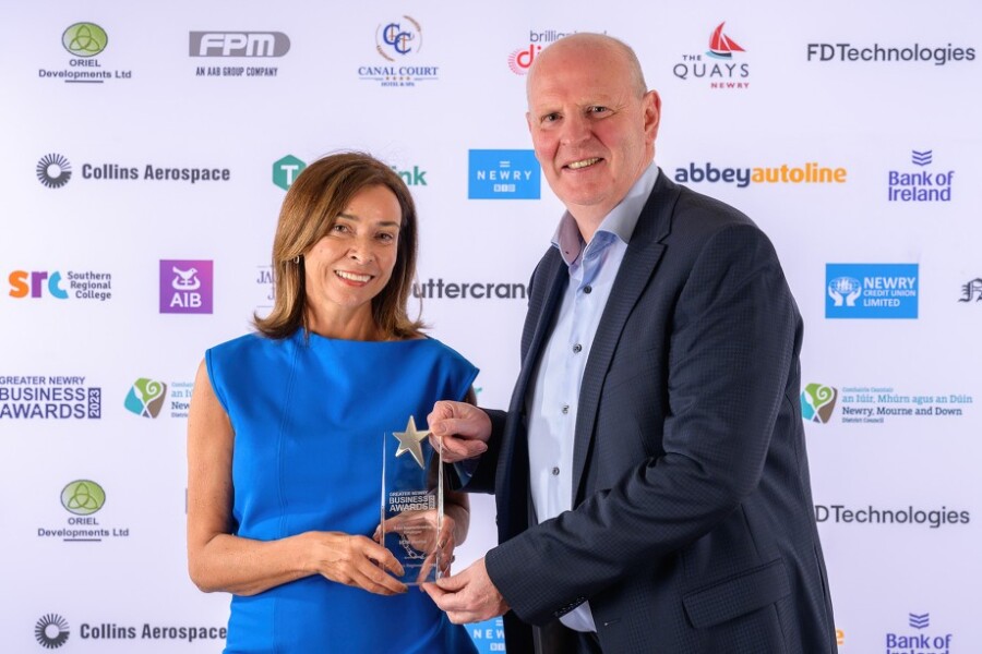 Accepting the ‘Best Apprenticeship Employer’ Award is Elizabeth O’Connor, HR and Legal Director at MJM from Brian Doran, Chief Executive at Southern Regional College 