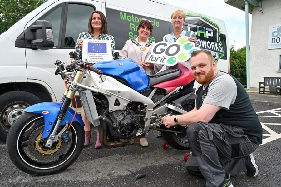 Pictured at Down Business Centre are from left: Joan O’Hara, Business Advisor, Down Business Centre, Chairperson of Newry, Mourne and Down District Council, Councillor Valarie Harte,    Janice McDonald, Down Business Centre with Chris Howard, CHP Motoworks. Chris secured support to develop his business on the Go For It programme in association with Newry, Mourne and Down District Council. 