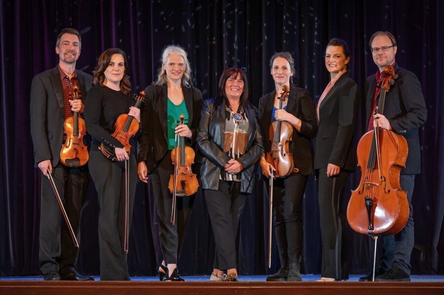 Chairperson Cllr Valerie Harte is photographed with members of The Fews Ensemble after announcing the Council’s continued support of Newry Chamber Music. Left to right: Tom Jackson (violin), Joanne Quigley McParland,(Artistic Director) Mia Cooper,(violin) Valerie, Máire Flavin,(Soprano) Jonathan Aasgaard (cello)