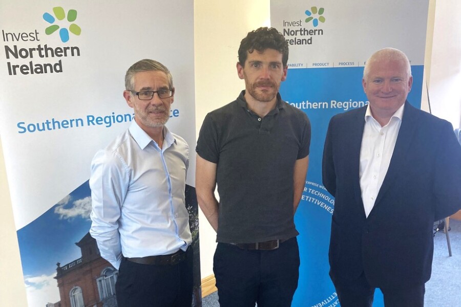 Damien McLoughlin, Client Executive Invest NI and Alan McKeown, Chief Transformation Officer, Invest NI are pictured with Joe McKevitt, centre Co-Founder of UpTime Labs.