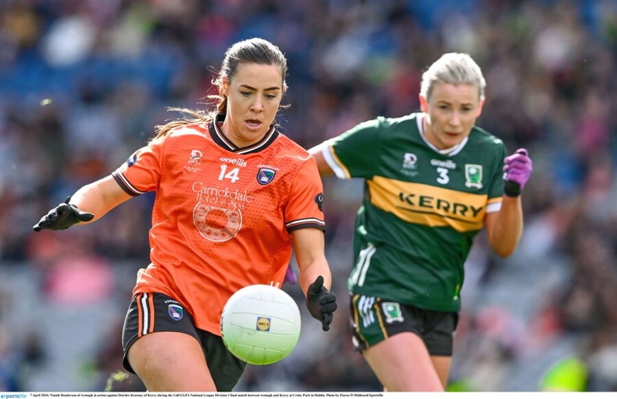 Niamh Henderson of Armagh in action against Deirdre Kearney of Kerry during the Lidl LGFA National League Division 1 final match between Armagh and Kerry at Croke Park in Dublin. Photo by Piaras Ó Mídheach/Sportsfile