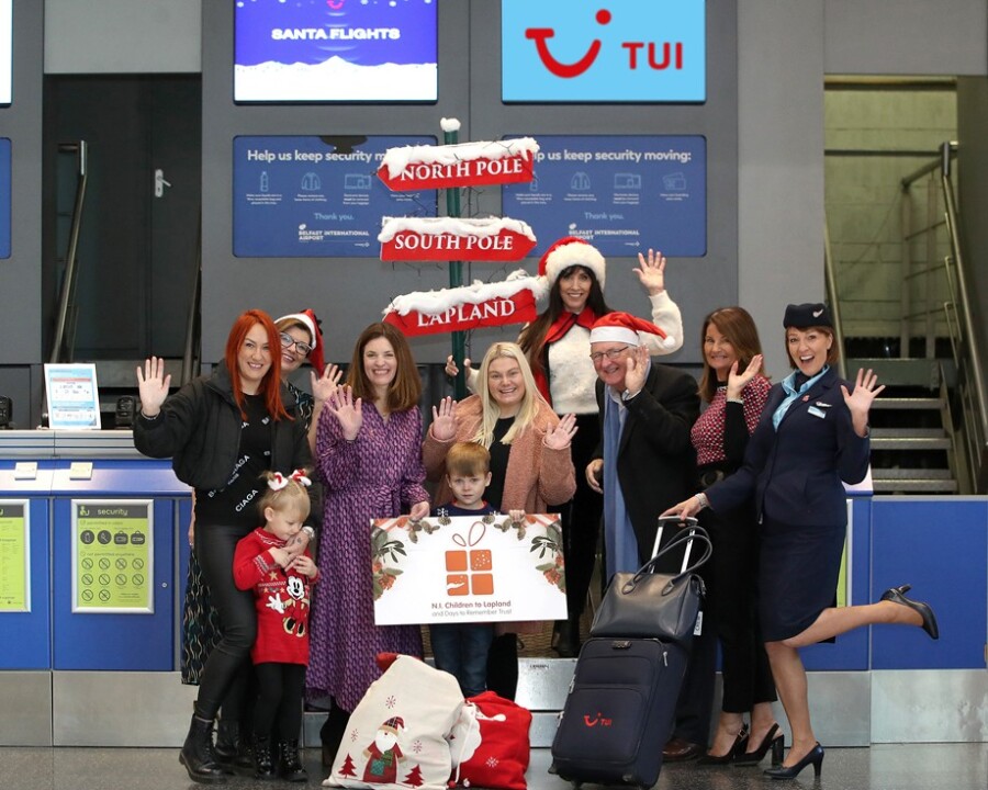 Pictured are (l-r) Karen Toal and daughter Rionach Johnston; Deborah Harris, PR & Marketing Manager, Belfast International Airport; Charlotte Brenner, Marketing Manager, TUI Ireland; Carlee Beattie and son Carter; Fiona Williamson, General Manager and Colin Barkley, Chair, Northern Ireland Children to Lapland and Days to Remember Trust; Jean Foster, General Manager, Swissport, Belfast; and Karen Walker, Crew, TUI.