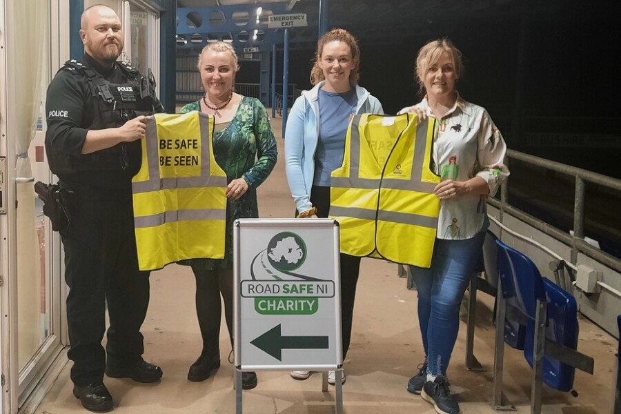 Pictured with the high-viz vests are from left: Inspector Paddy Heatley, Tricia O’Neill, Ciara Sands and Monica Heaney of Road Safe NI Charity.