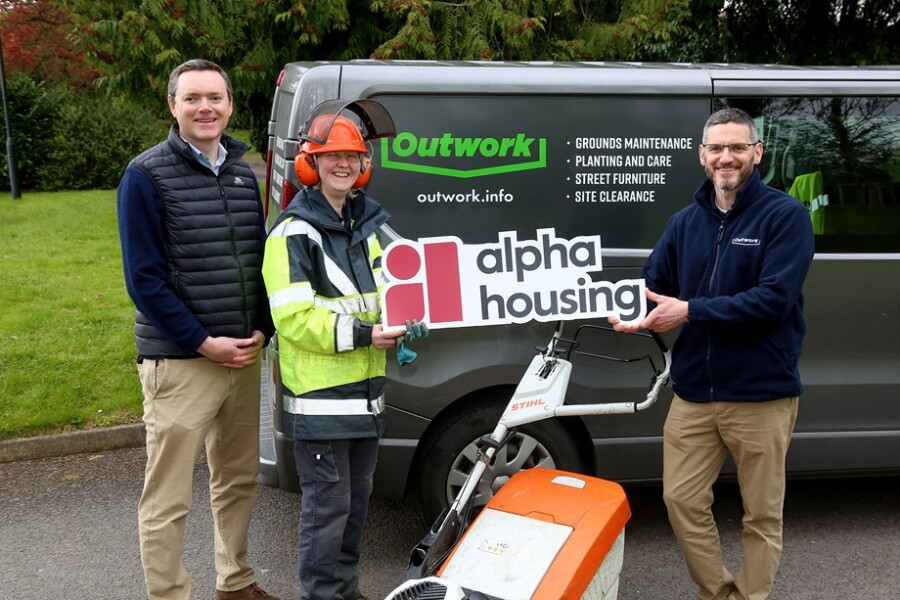Pictured from left are: Cameron Watt, Chief Executive, Alpha Housing; Valerie Stewart, Supervisor; Outwork; and Richard Good, Director, The Turnaround Project.
