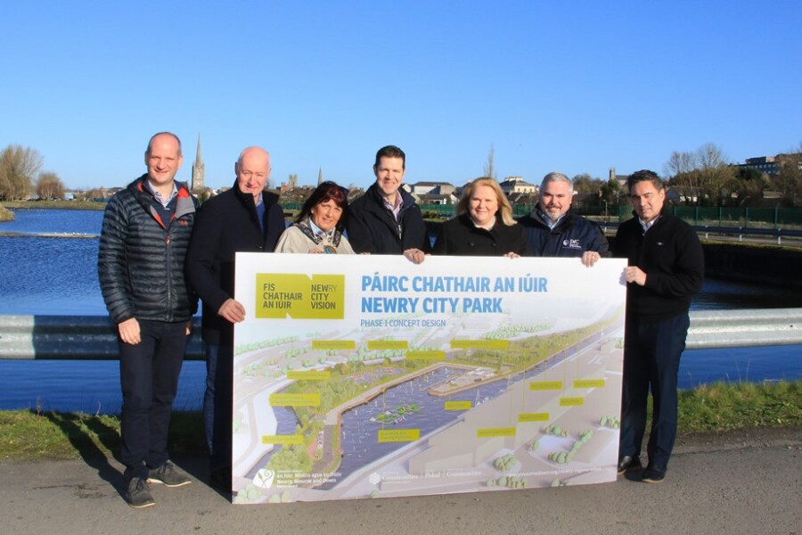 Pictured at the site of the planned 15-acre Newry City Park are, from left: Michael Graham, Director of Planning, Tetra Tech; Cllr Declan Murphy, Co-chair of the Newry City Centre Regeneration Programme Board; Cllr Valerie Harte, Chairperson, Newry, Mourne and Down District Council; Darren Price, Associate Director of Project Management, Tetra Tech; Marie Ward, Chief Executive, NMDDC; Gerard Murray, Director, Regional Development, Department for Communities, and Paul Tamati, Assistant Director of Leisure and Sport. Tetra Tech has been appointed by Newry, Mourne and Down District Council as the Integrated Consultancy Team. Their role will be to take the project through detailed design, planning approval, contractor appointment and delivery on site.