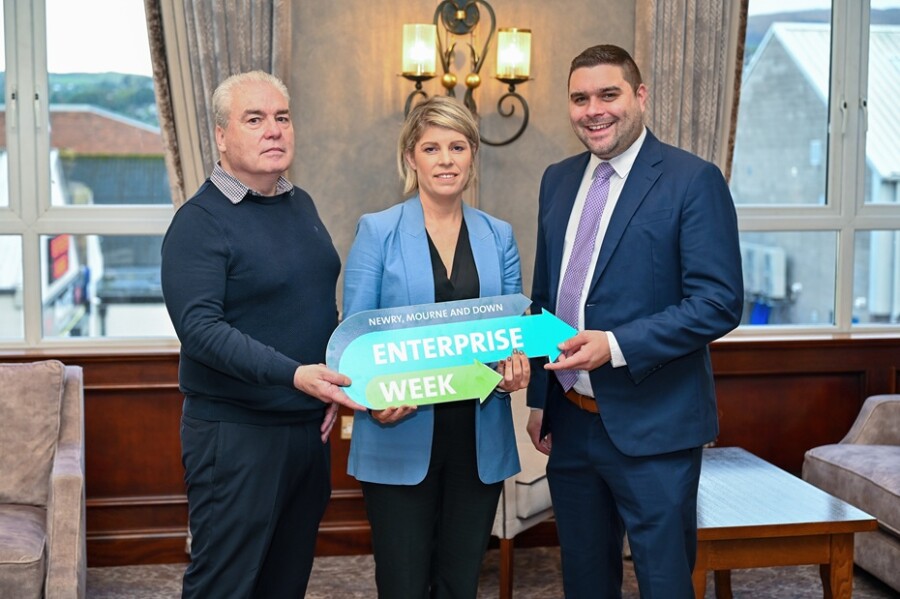 Newry, Mourne and Down District Council’s Economy, Regeneration and Tourism Committee Chairperson, Councillor Alan Lewis along with Stephen McClelland of Newry and Mourne Co-operative and Enterprise Agency and Emma Bohill of Down Business Centre, launch NMD Enterprise Week 2024 which will take place from 18 November to 22 November 2024.