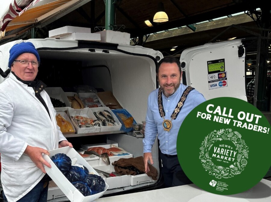 Chairperson of Newry, Mourne and Down District Council, Councillor Pete Byrne leads a ‘Call Out for New Traders’ for Newry Variety Market, he is pictured with existing stall holder Tommy Curran (fish monger). The market takes place every Thursday and Saturday from 8.30am to 1.30pm.