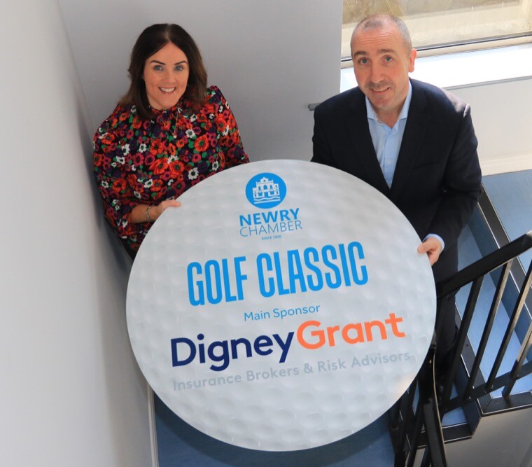 Edwina Flynn, Vice President of Newry Chamber launches this year’s Newry Chamber Golf Classic with Anthony Boden, Managing Director of Main Sponsor, Digney Grant.