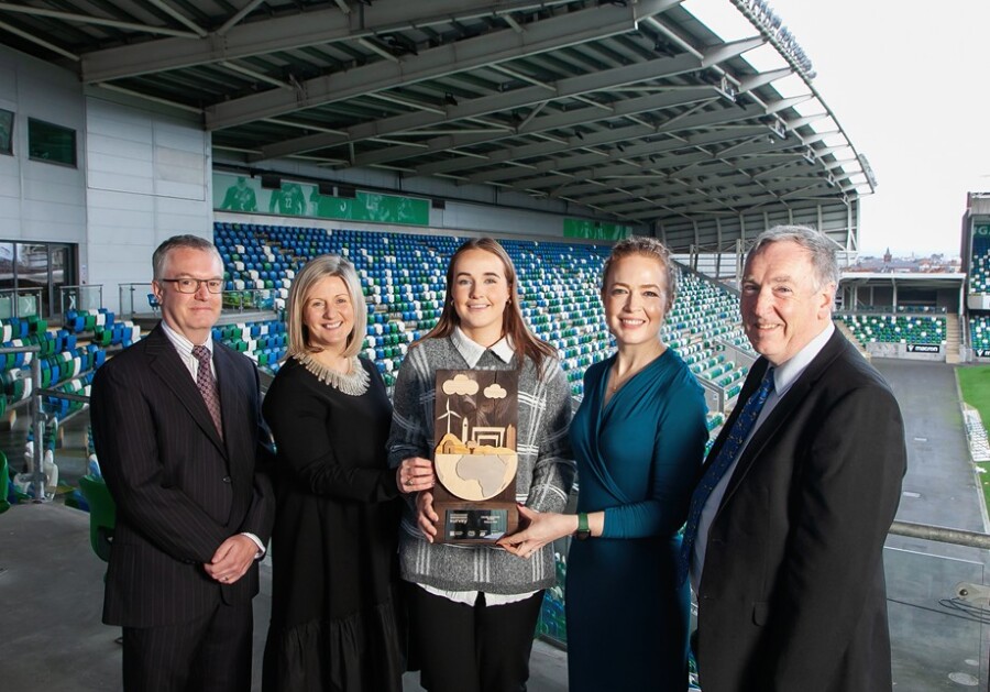 Pictured receiving the platinum award in the NI Environmental Benchmarking Survey is Collins Aerospace in Kilkeel, EH&S Officer and sustainability team member, Naomi Rooney (centre) along with (L-R) Brian Moreland, Communication and CR Manager at Moy Park; Grainia Long, Chair of BITC Environmental Leadership Team; Dr Lisa McIlvenna, Deputy Managing Director, Business in the Community NI; and Philip McMurray, Head of Waste Legislation, Environmental Resources Policy Division, DAERA.