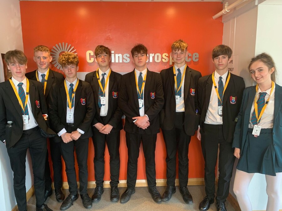 Pupils from Banbridge Academy pictured during the recent schools visit to Collins Aerospace in Kilkeel’s facility, where the company showcased how it manufactures world class aircraft seating products and the processes that are involved in doing so.  