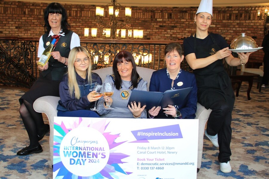 Newry, Mourne and Down District Council Chairperson, Councillor Valerie Harte launches International Women’s Day Event pictured with (L to R) event sponsors Regen Waste Limited, Katerina Poutst and Canal Court Hotel Team Bernie Healy, Louise Young and Lucy Feodorov.